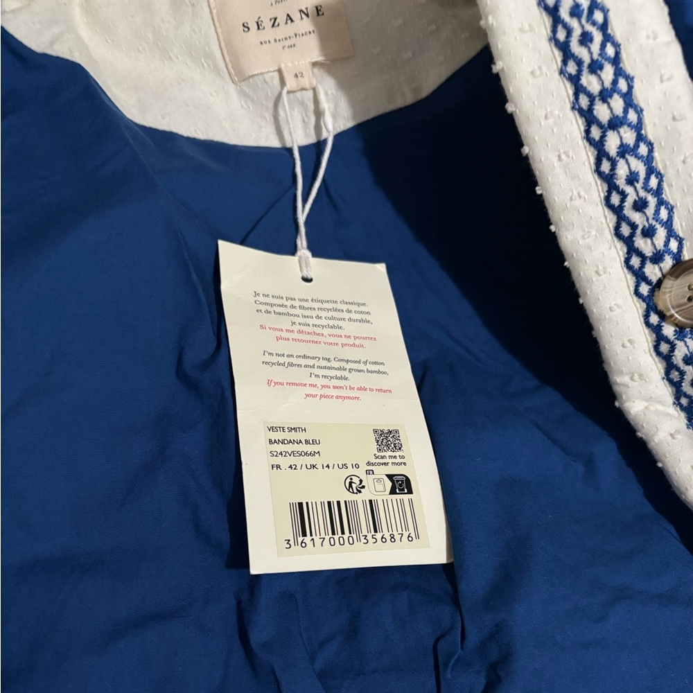 Sezane SMITH JACKET in BLUE ECRU BANDANA Embroidered Women's Jacket - Picture 12 of 13